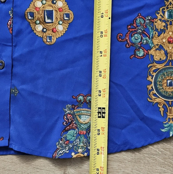 Motto Fashions Blue Orante Status Print Chiffon Button Down Size 16 - Picture 2 of 5